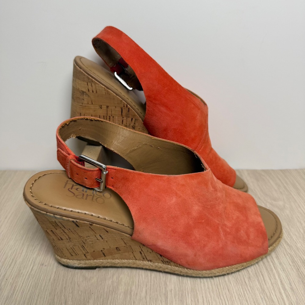 Wedge Sandals Franco Sarto Womens 7.5 Orange Suede Julien Cork Espadrille Heel